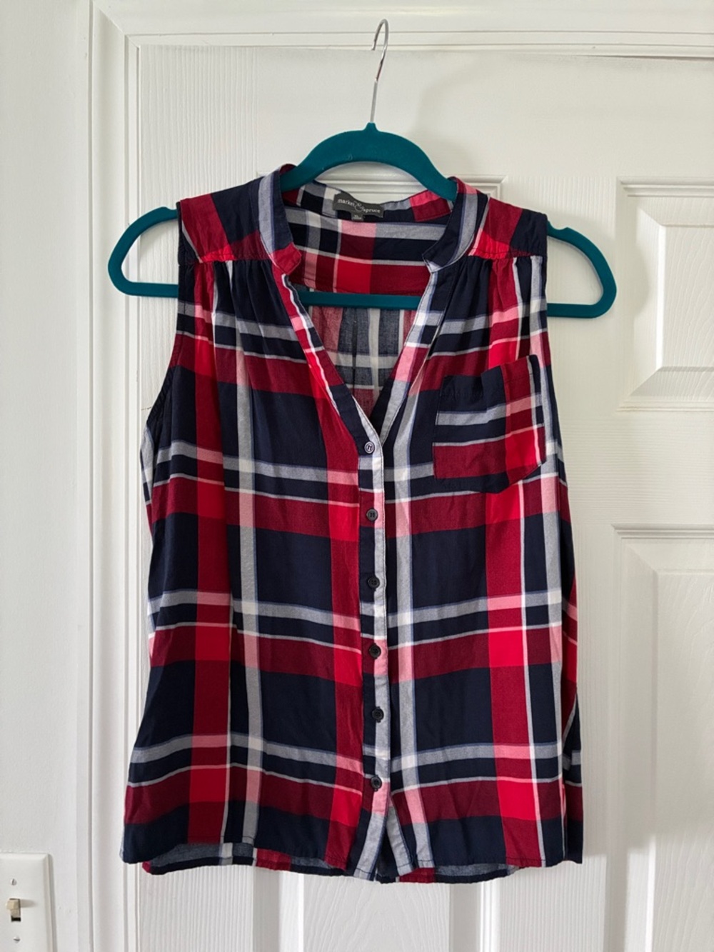 Market & Spruce Red and Navy Plaid Sleeveless Button Tank
